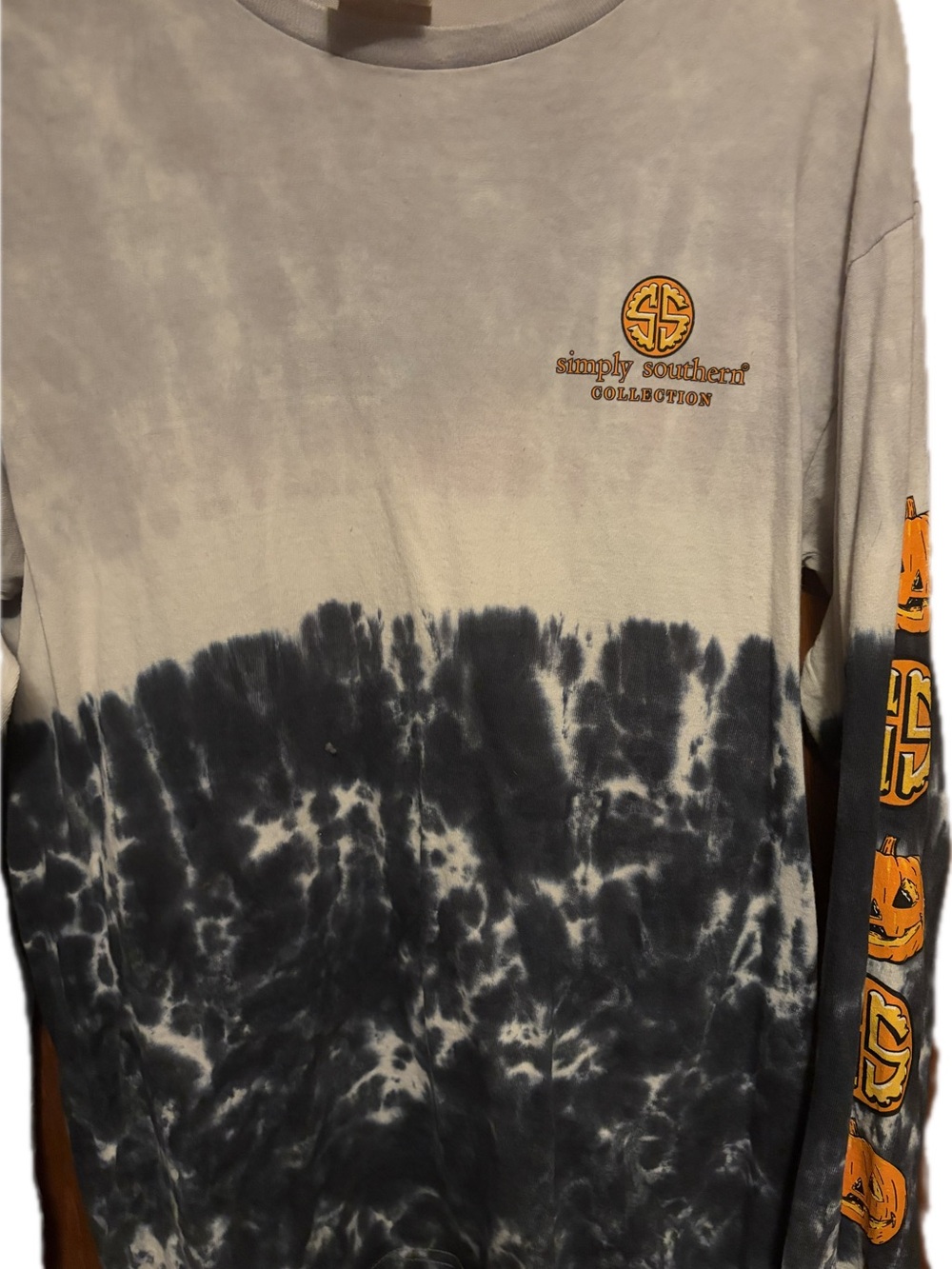 Simply Southern Black & Cream Tie-Dye Long Sleeve with Puppies & Pumpkin Graphic - Picture 3 of 8